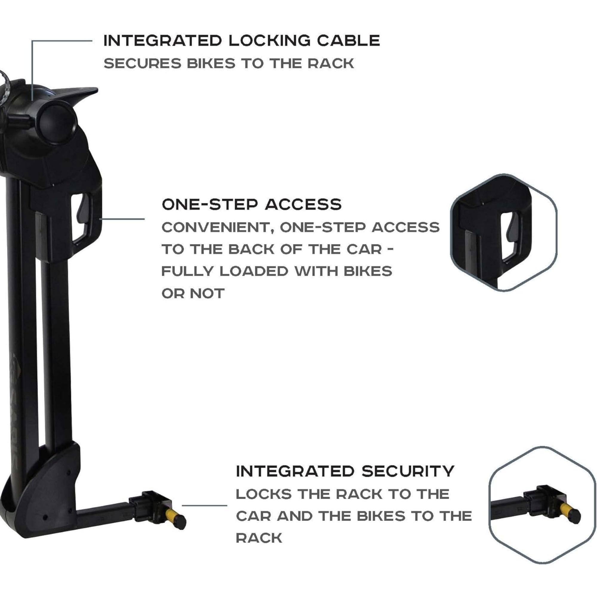 INTEGRATED LOCKING CABLE SECURES BIKES TO THE RACK
ONE-STEP ACCESS CONVENIENT, ONE-STEP ACCESS TO THE BACK OF THE CAR I FULLY LOADED WITH BIKES OR NOT
INTEGRATED SECURITY LOCKS THE RACK TO THE CAR AND THE BIKES TO THE RACK