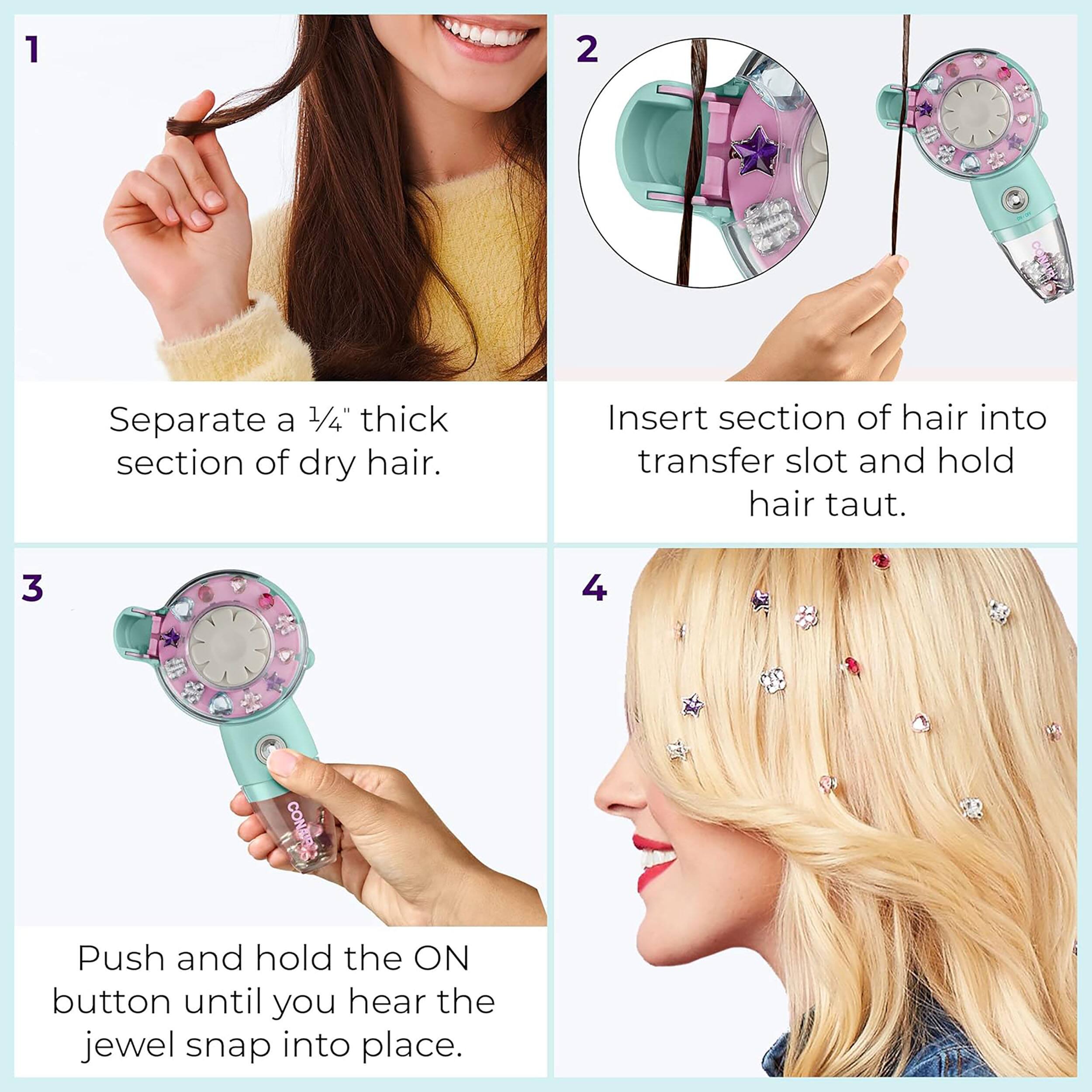 1. Separate a 1/4" thick section of dry hair.
2. Insert section of hair into transfer slot and hold hair taut.
3. Push and hold the ON button until you hear the jewel snap into place.
4. CONJURR