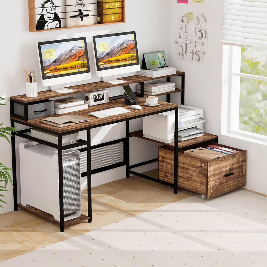 Costway Computer Desk with Monitor Stand and File Drawer 67