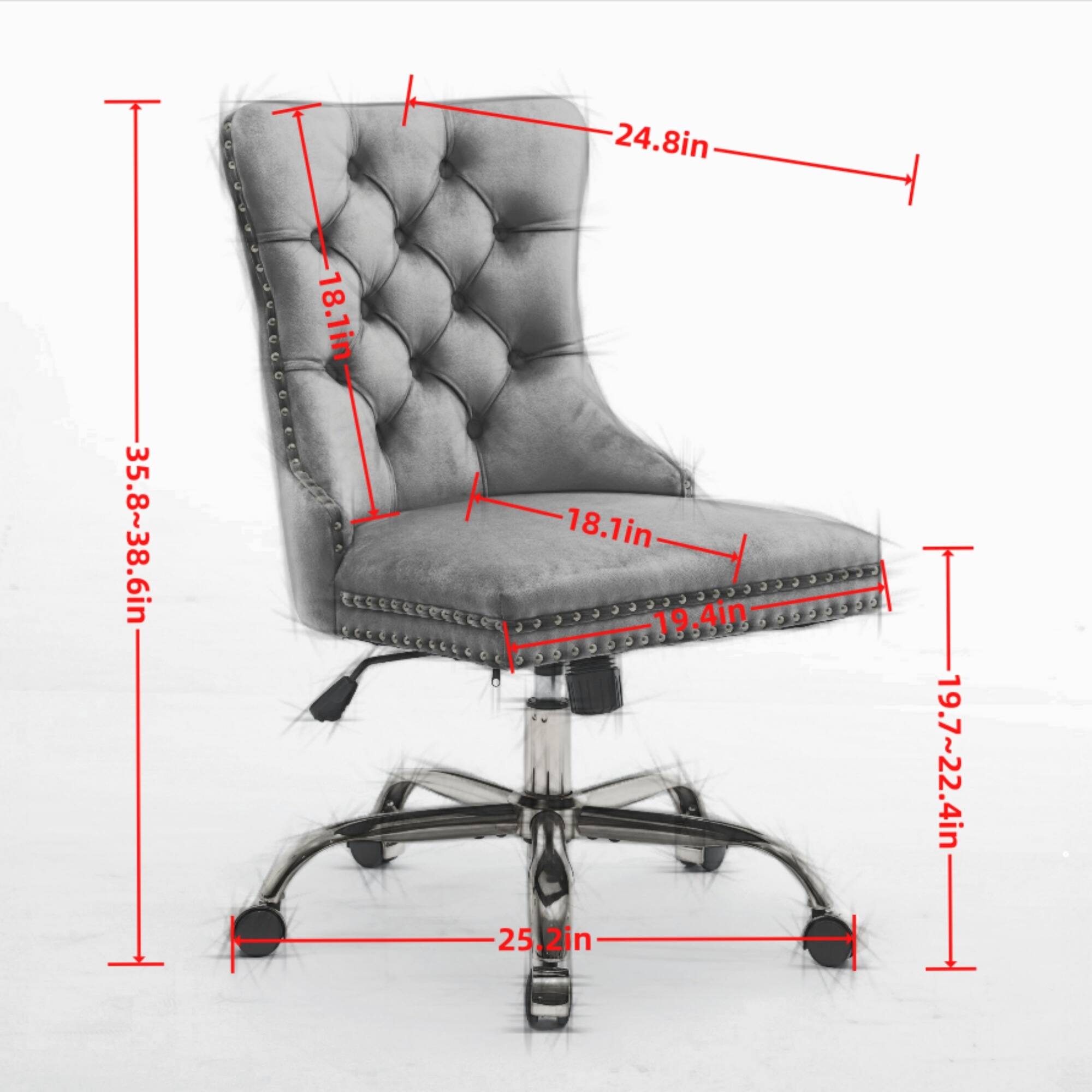 - Height: 35.8~38.6 in
- Width: 24.8 in
- Depth: 19.7~22.4 in
- Seat Height: 18.1 in
- Back Height: 18.1 in
- Armrest Height: 18.1 in
- Base Width: 25.2 in