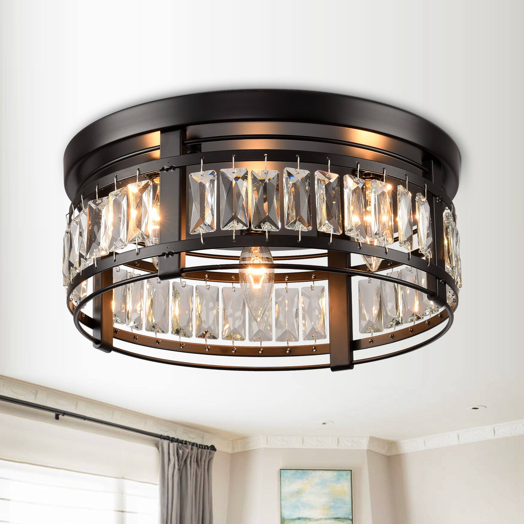 Alt View 1. Parrot Uncle - 13.3" Modern Black 3-Light Crystal Hallway Flush Mount Chandelier - Black.
