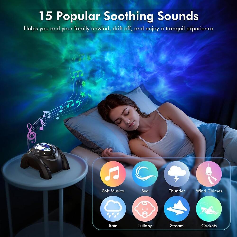 15 Popular Soothing Sounds  
Helps you and your family unwind, drift off, and enjoy a tranquil experience  

Soft Music  
Sea  
Thunder  
Wind Chimes  
Rain  
Lullaby  
Stream  
Crickets
