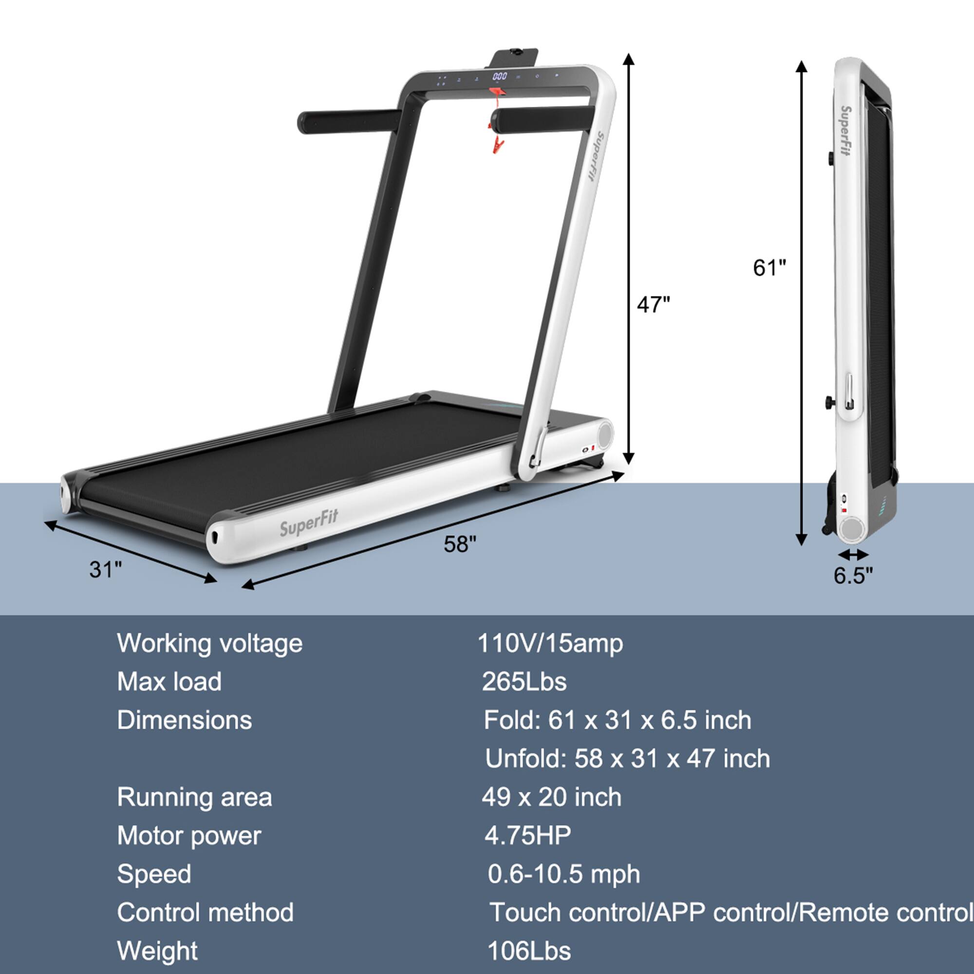 Sure, here is the corrected and grouped text:

**SuperFit Treadmill Specifications:**

- **Working Voltage:** 110V/15amp
- **Max Load:** 265Lbs
- **Dimensions:**
  - Folded: 61" x 31" x 6.5"
  - Unfolded: 58" x 31" x 47"
- **Running Area:** 49" x 20"
- **Motor Power:** 4.75HP
- **Speed:** 0.6-10.5 mph
- **Control Method:** Touch control/APP control/Remote control
- **Weight:** 106Lbs
