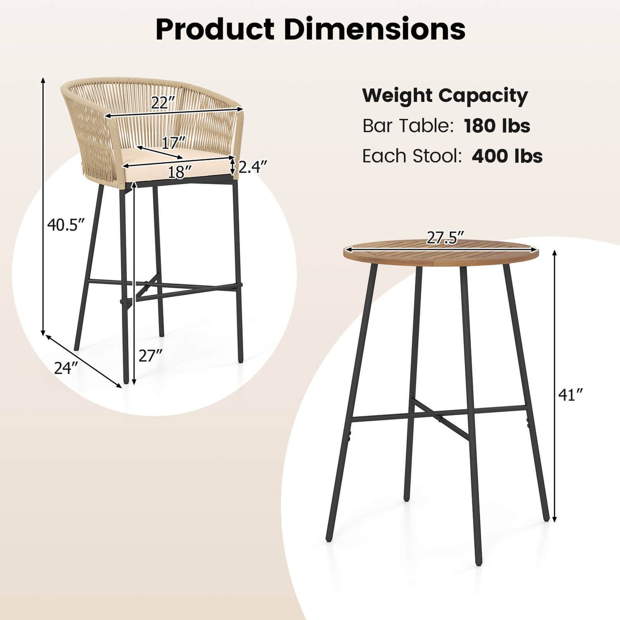 Product Dimensions: 22", 17", 18", 2.4", 40.5", 27.5", 24", 27", 41"

Weight Capacity: Bar Table: 180 lbs, Each Stool: 400 lbs