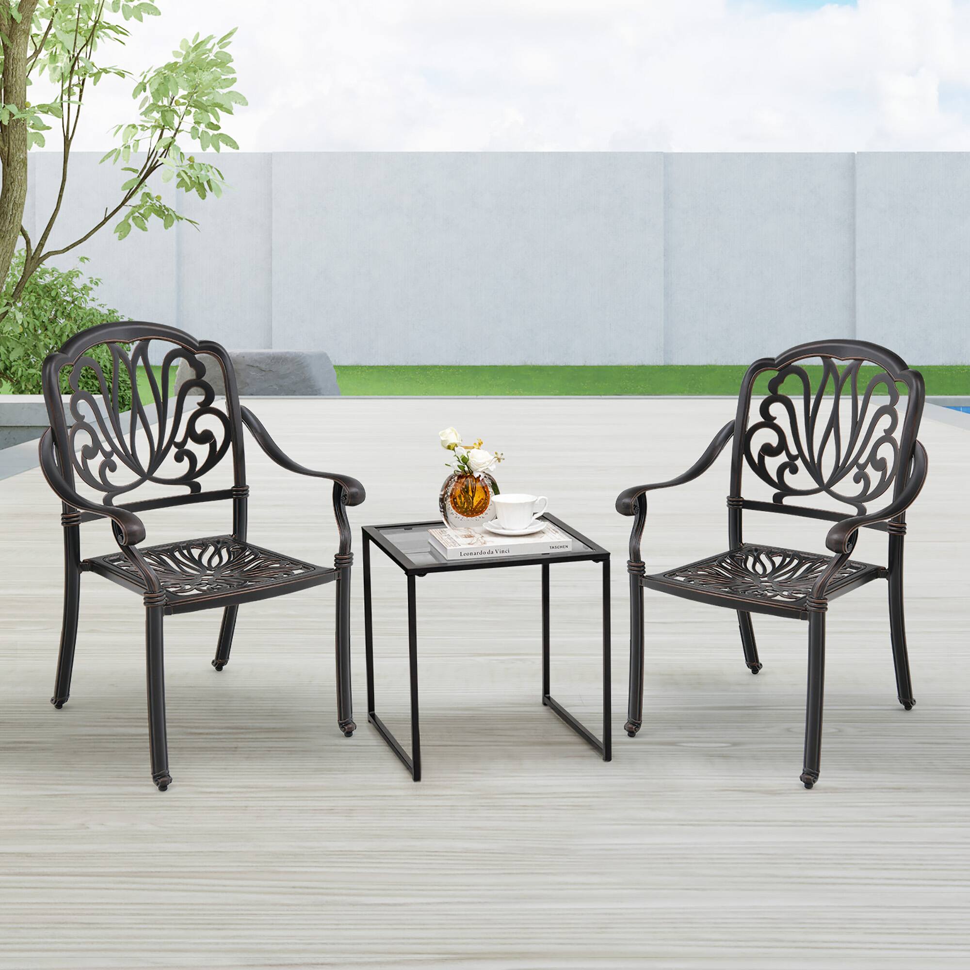 Alt View 3. Gymax - Gymax 2 Pieces Cast Aluminum Chairs Set of 2 Stackable Patio Dining Chairs w/ Armrests - Bronze.