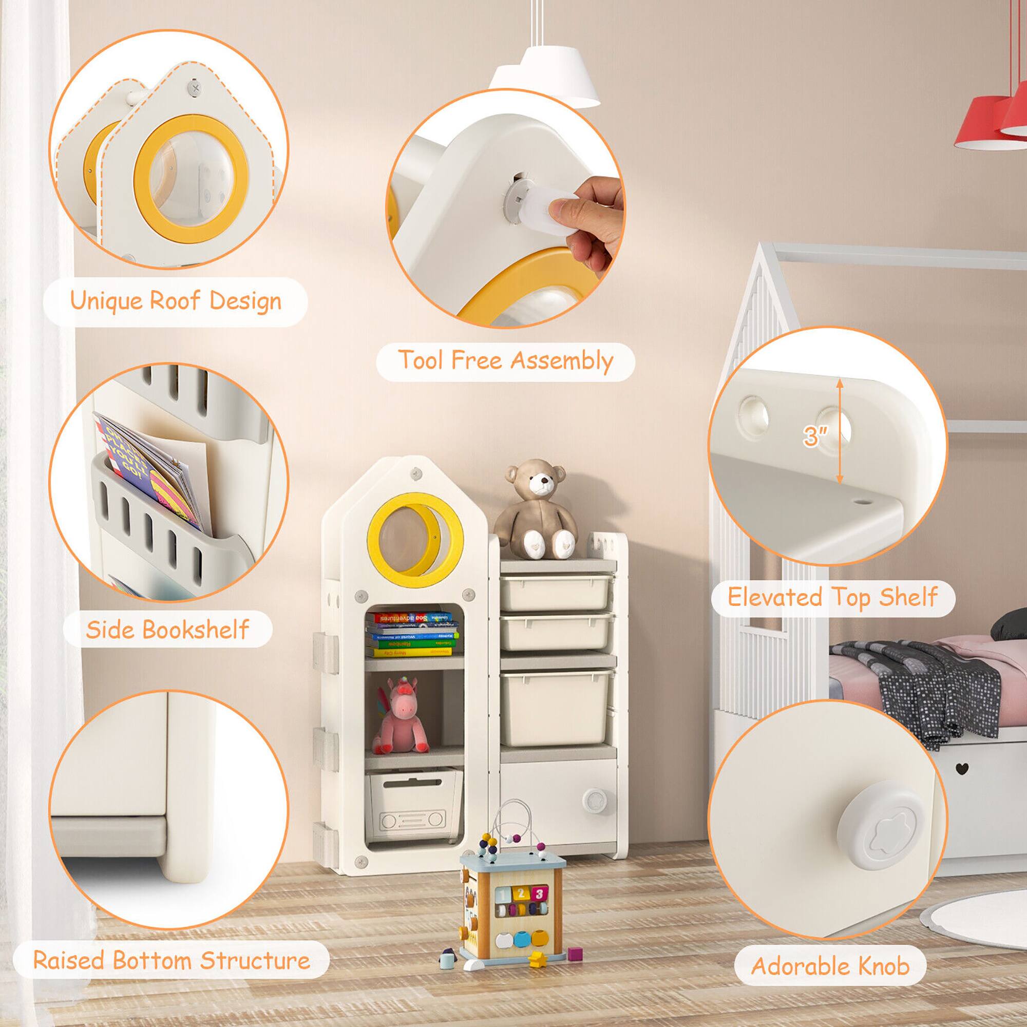 - Unique Roof Design
- Tool Free Assembly
- Side Bookshelf
- Elevated Top Shelf
- Raised Bottom Structure
- Adorable Knob