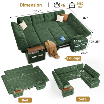 Dimension: 112" x 87"  
Weight: 2480 LBS  
Lounge: 10.02" x 34.25" x 26.7"  
Bed: 130" x 17.8" x 21.8" x 44"  
Sofa: 193" x 54.3"