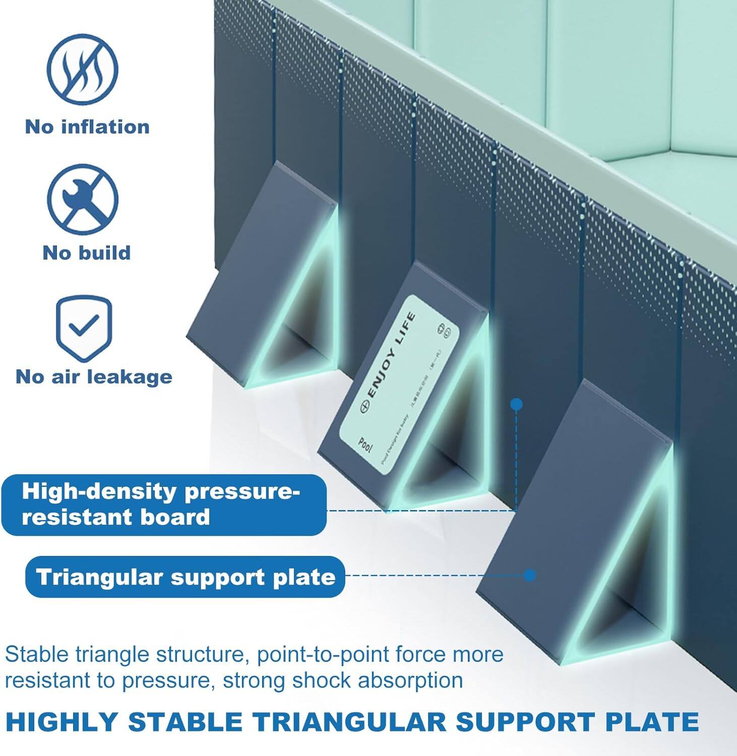 No inflation, No build, No air leakage, LIFE ENJOY 00 Pool High-density pressure-resistant board, Triangular support plate, Stable triangle structure, point-to-point force more resistant to pressure, strong shock absorption, HIGHLY STABLE TRIANGULAR SUPPORT PLATE
