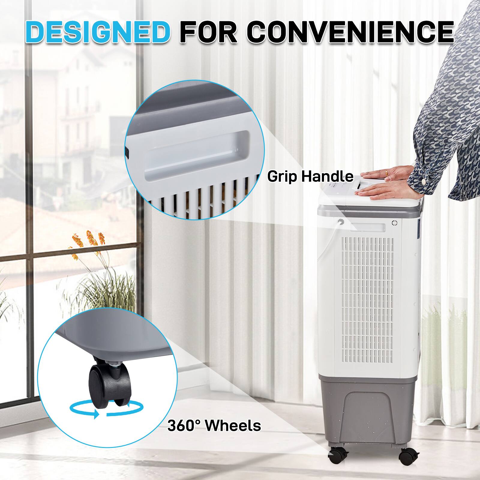 DESIGNED FOR CONVENIENCE

Grip Handle

360° Wheels