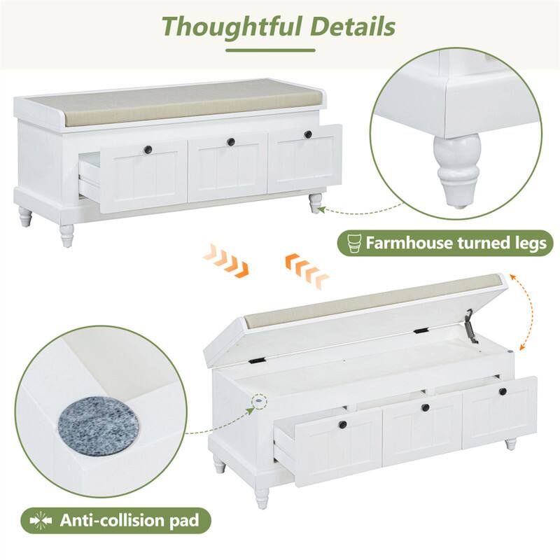 Thoughtful Details

- Farmhouse turned legs
- Anti-collision pad