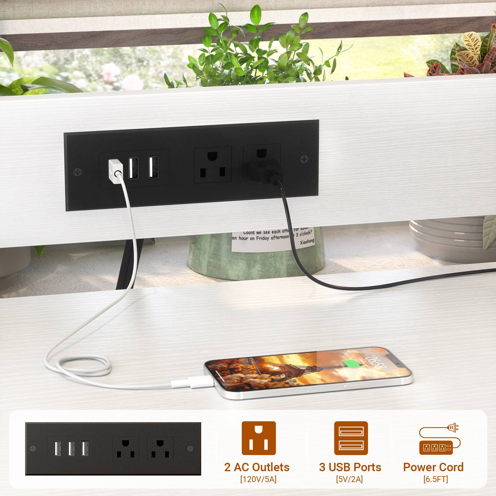 + + Ter - Lud - 18E eaN am a'cedo? 1 an hour Oe Friday afternoon Xianhong 0653  
2 AC Outlets [120V/5A]  
3 USB Ports [5V/2A]  
Power Cord [6.5FT]