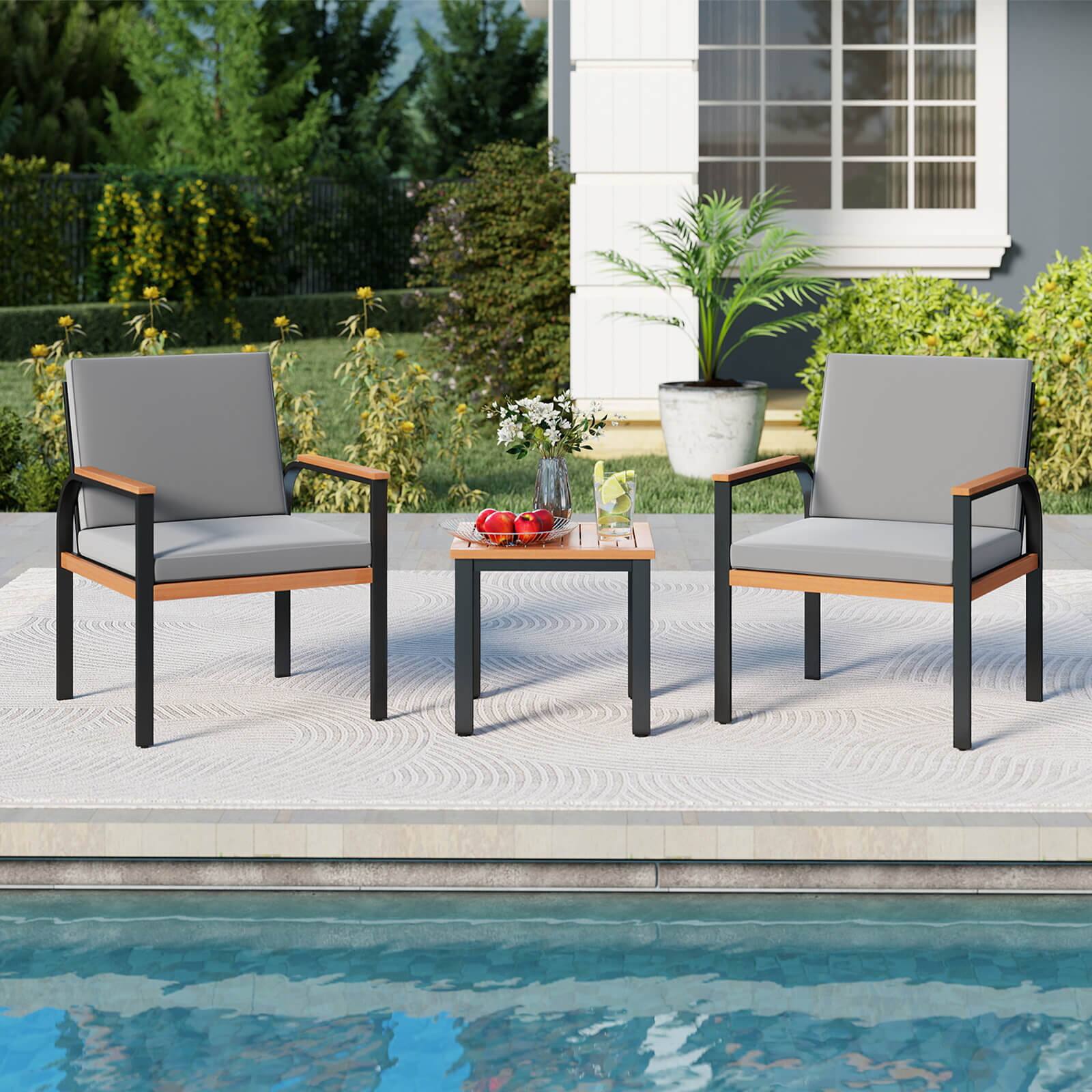 Alt View 3. Costway - Costway 3 PCS Patio Furniture Set with Coffee Table Removable Cushions Acacia Wood Armrests - Gray.