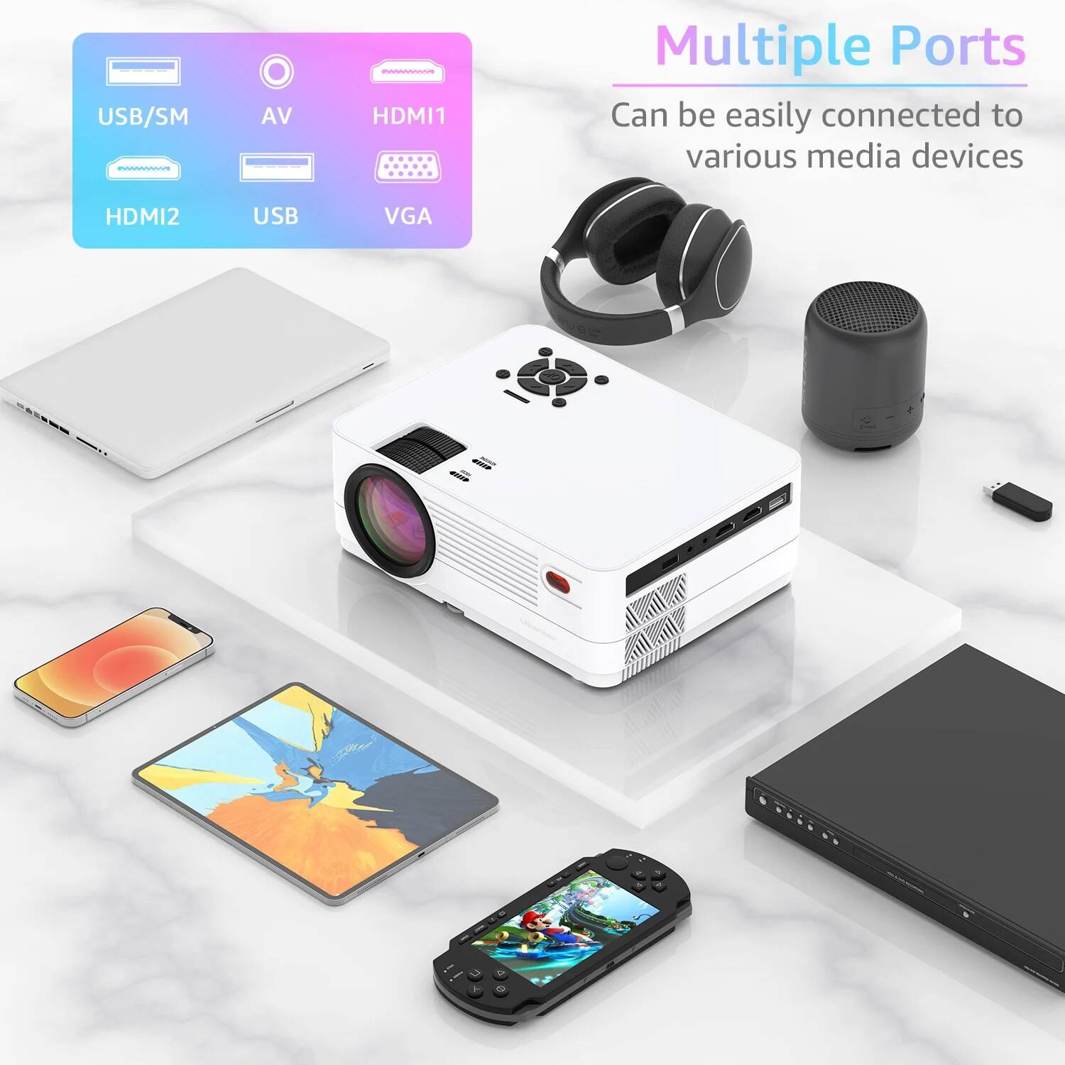 Multiple Ports  
Can be easily connected to various media devices  

USB/SM  
AV  
HDMI1  
HDMI2  
USB  
VGA