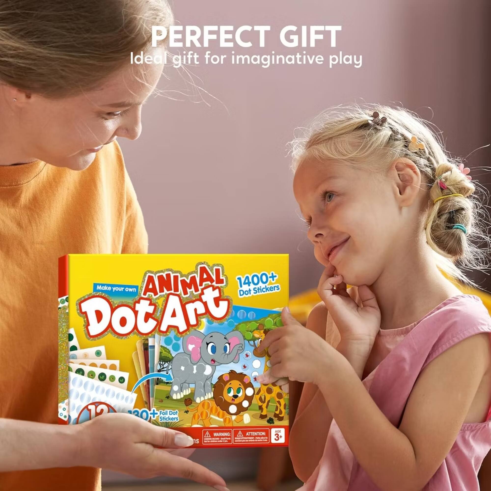 PERFECT GIFT  
Ideal gift for imaginative play  

Make ANIMAL Dot Art  
1400+ Dot Stickers  

12  
20+ Foll Dot Stickers  

ATTENTION - 3+