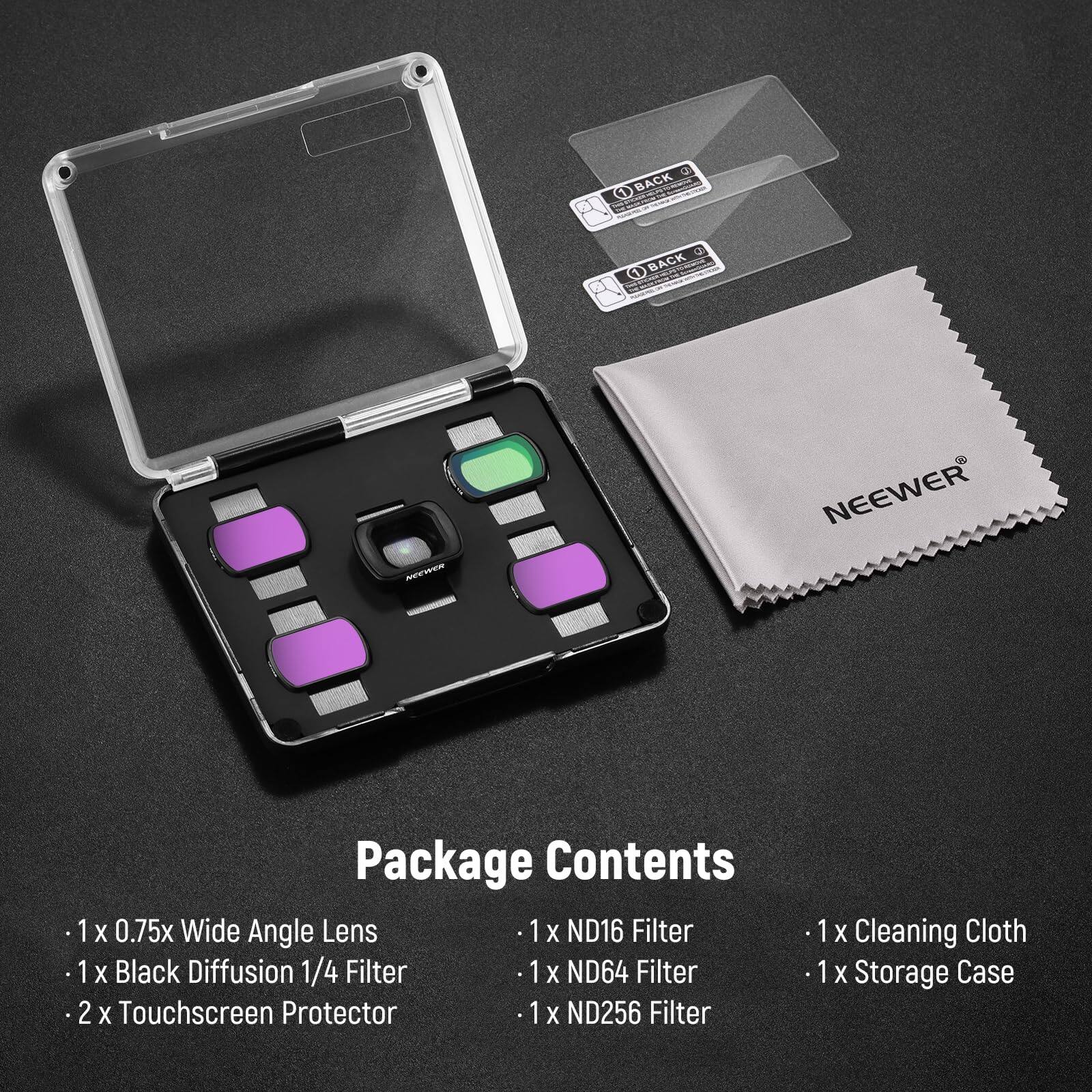 Package Contents

- 1 x 0.75x Wide Angle Lens
- 1 x Black Diffusion 1/4 Filter
- 2 x Touchscreen Protector
- 1 x ND16 Filter
- 1 x ND64 Filter
- 1 x ND256 Filter
- 1 x Cleaning Cloth
- 1 x Storage Case