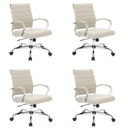 LeisureMod - Set of 4 Benmar Modern Leather Upholstered Swivel Office Chair with Ribbed Seat and Steel Frame - Tan