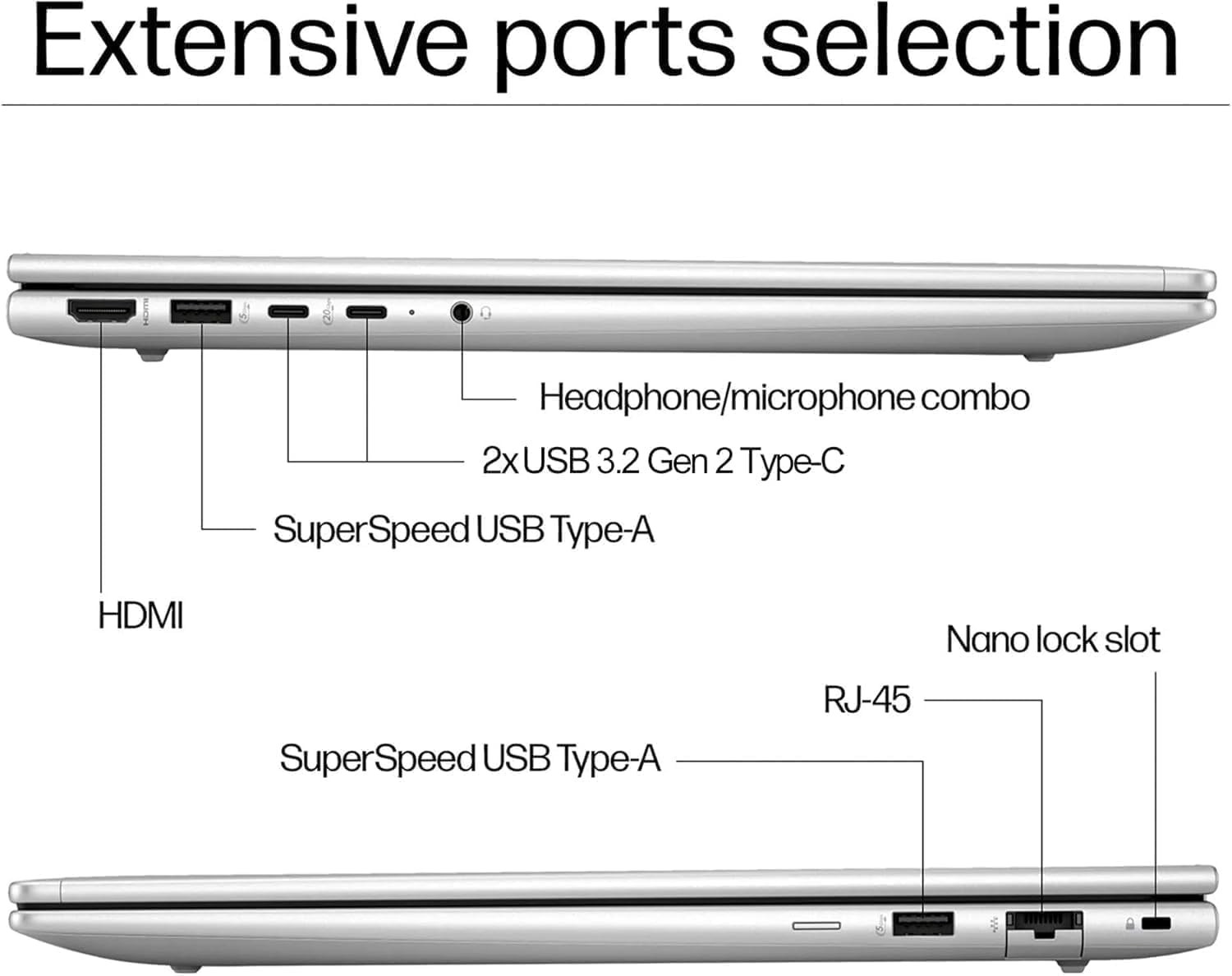 Extensive ports selection  
Headphone/microphone combo  
2x USB 3.2 Gen 2 Type-C  
SuperSpeed USB Type-A  
HDMI  
Nano lock slot  
SuperSpeed USB Type-A  
RJ-45
