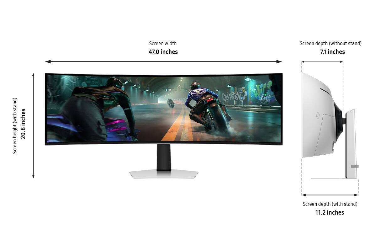 Screen width 47.0 inches  
Screen depth (without stand) 7.1 inches  
Screen height (with stand) 20.8 inches  
Screen depth (with stand) 11.2 inches