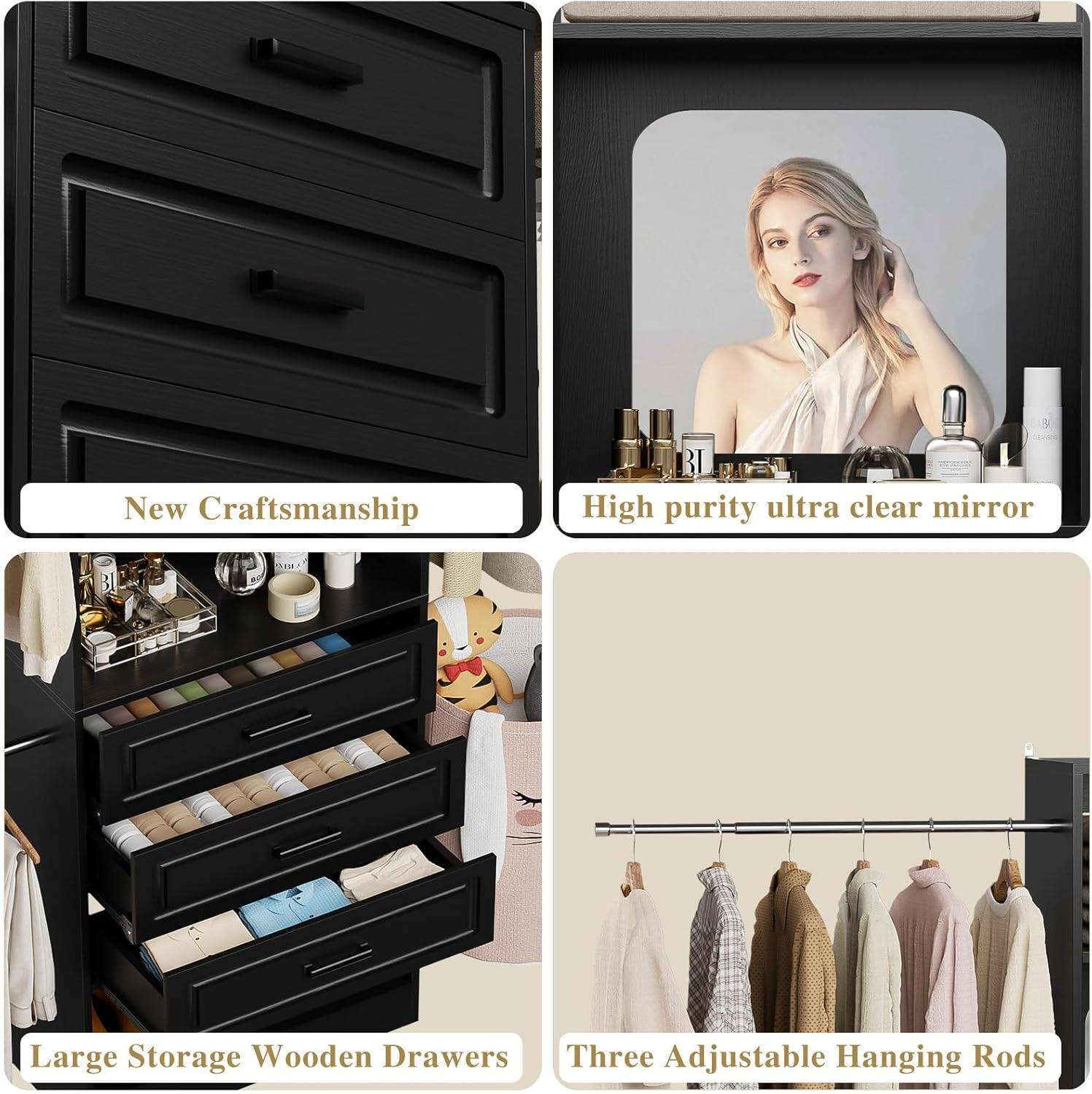 - New Craftsmanship
- High purity ultra clear mirror
- Large Storage Wooden Drawers
- Three Adjustable Hanging Rods