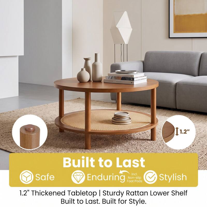 WELLFOR 2 Tier Boho Rattan Coffee Table with Rounded Corners & Storage ...
