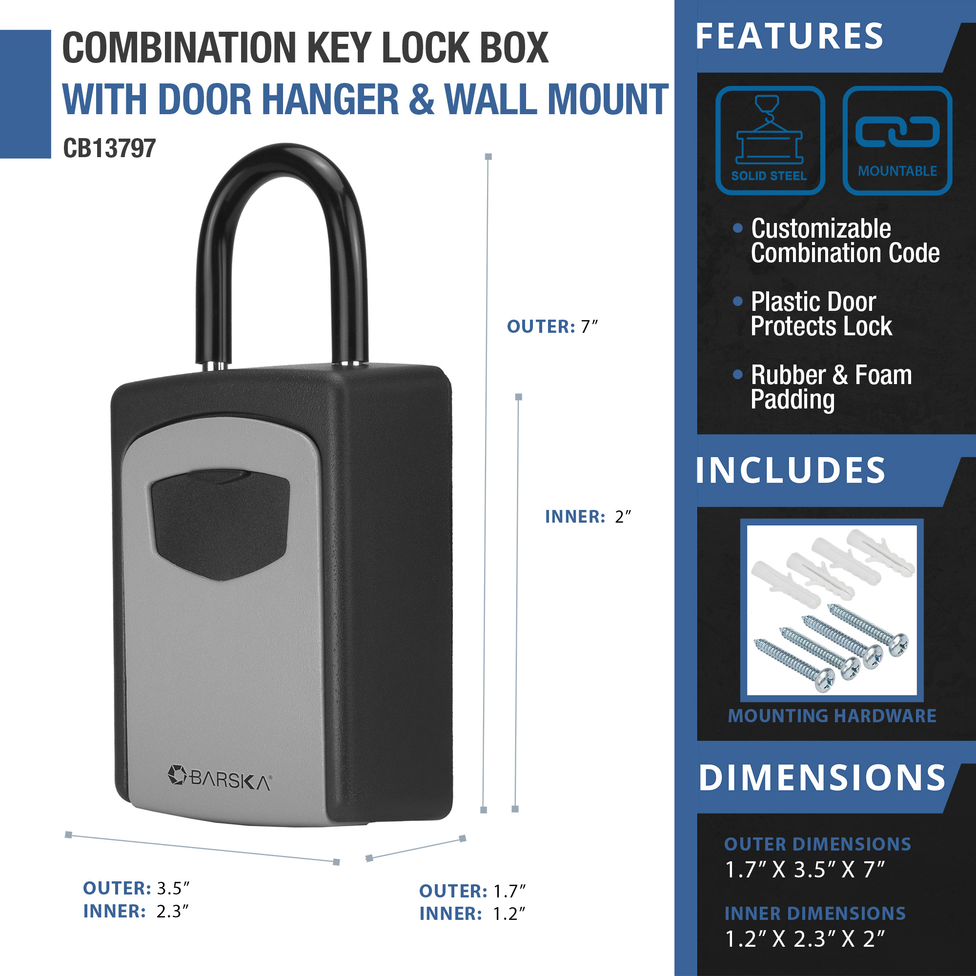 Left View: Barska - Combination Key Lock Box with Door Hanger and Wall Mount - Black