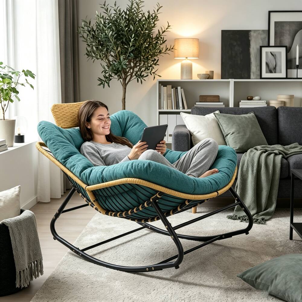 Angle. Loheer - Loheer Papasan Rocking Chair Oversized Outdoor Egg Chair with Green Cushion Indoor Wicker Rocker - Green.