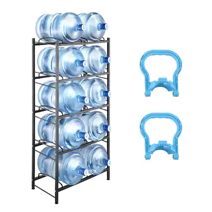 Front. VEVOR - 5 Tiers Water Jug Holder, 5 Gallon Water Bottle Holder, Double Row Water Bottle Rack for 10 Bottles - Silver.