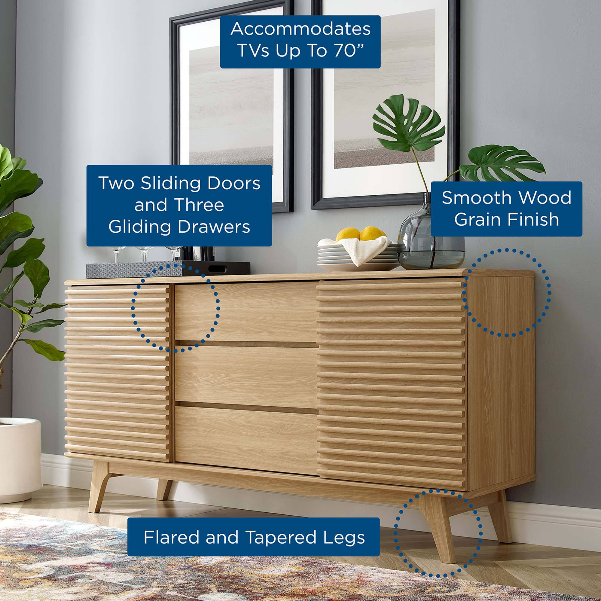 - Accommodates TVs Up To 70"
- Two Sliding Doors and Three Gliding Drawers
- Smooth Wood Grain Finish
- Flared and Tapered Legs