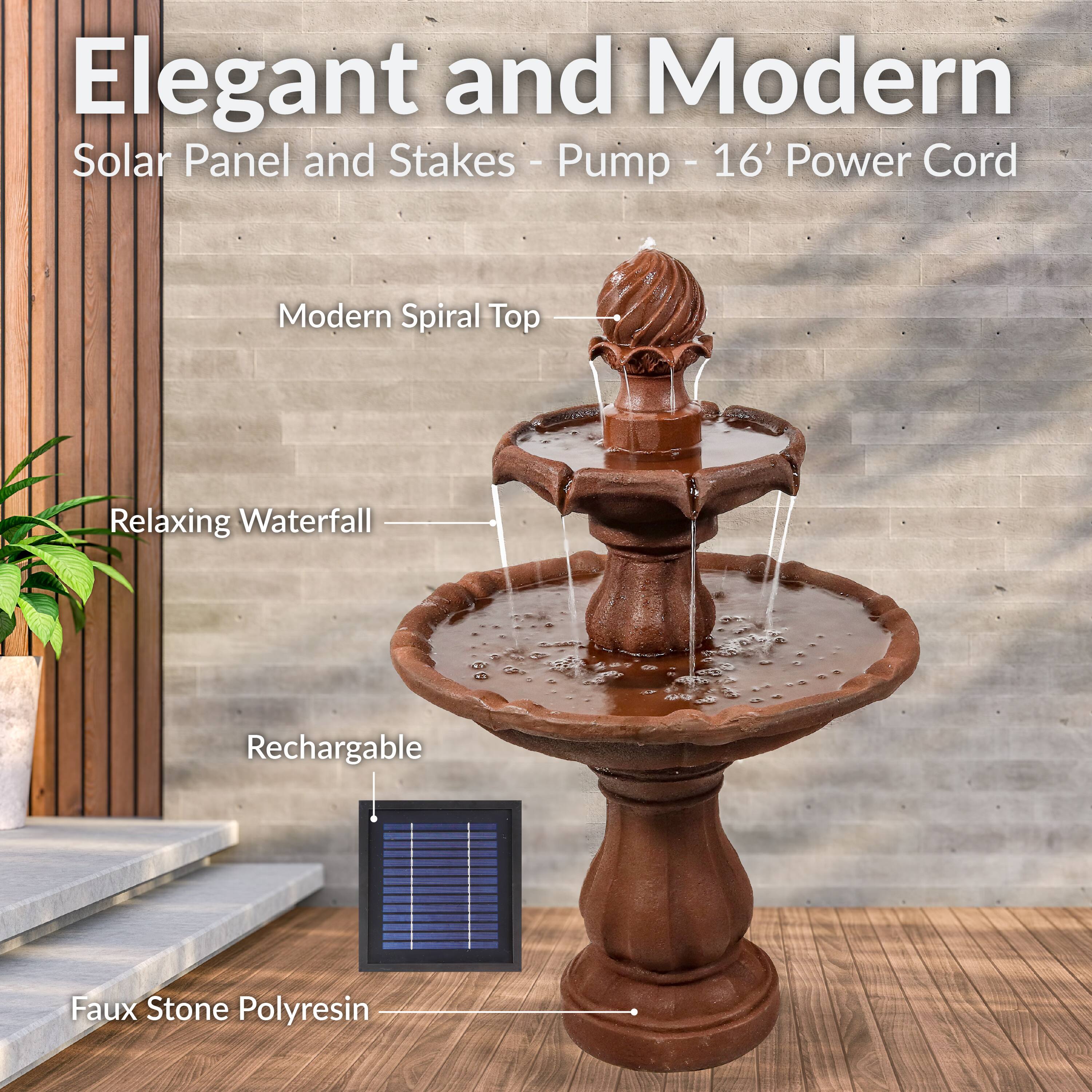 Elegant and Modern  
Solar Panel and Stakes - Pump - 16' Power Cord  

Modern Spiral Top  
Relaxing Waterfall  
Rechargeable  
Faux Stone Polyresin