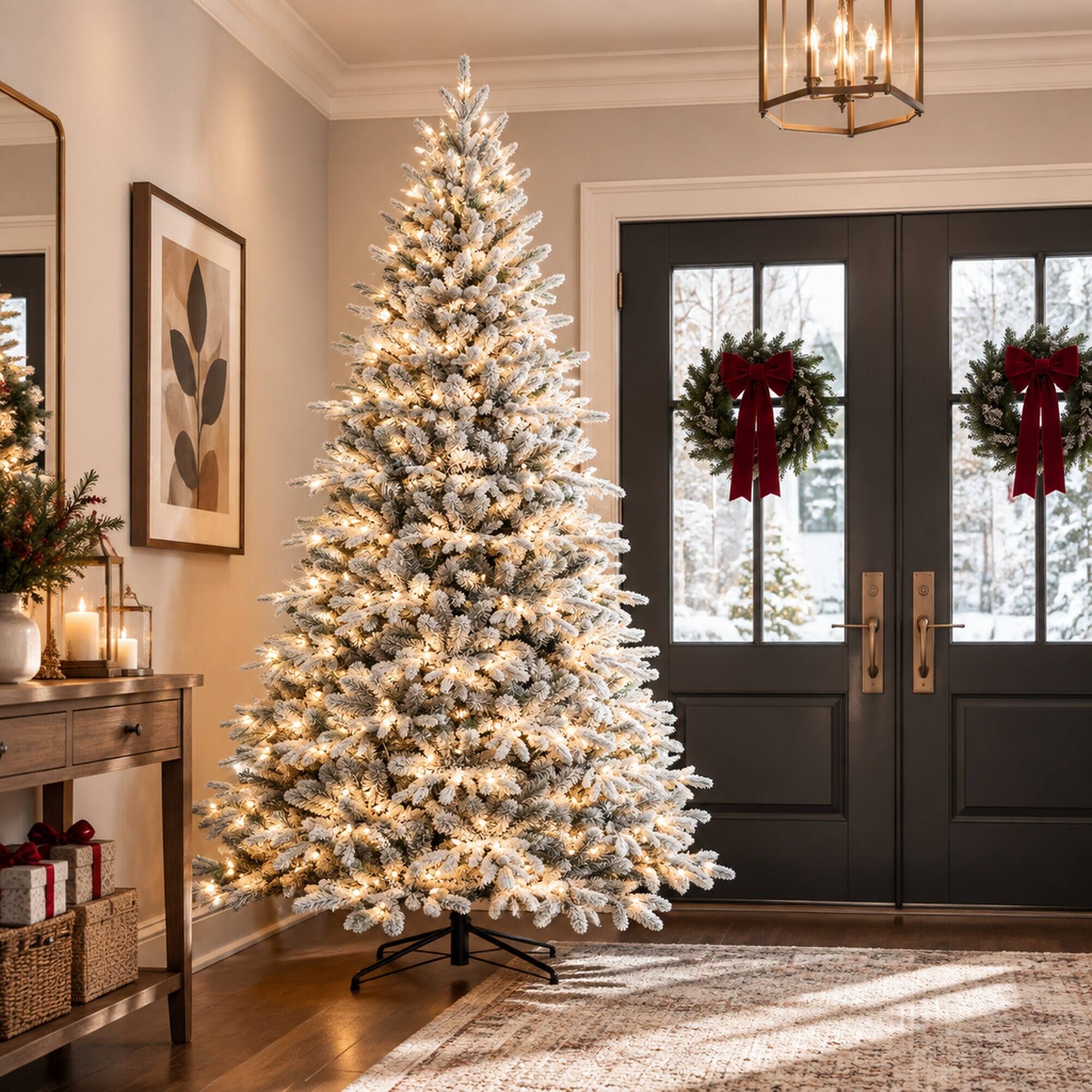 Alt View 2. RYHNUYNE - 7.5 Ft Flocked Artificial Christmas Tree With 650 Warm Lights, 3135 Tips Snowy Hinged Foldable Metal Stand Decor - Green,White.