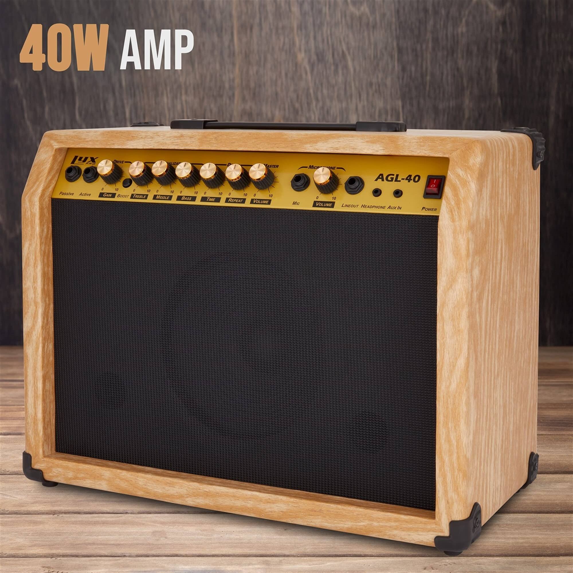 40W AMP
JUX
AGL-40
1 - VOLUME
2 - HEADPHONE AUX IN
3 - POWER
4 - MIC
5 - LINE OUT
6 - GAIN
7 - BASS
8 - MIDDLE
9 - TREBLE
10 - REVERB
11 - FASTER