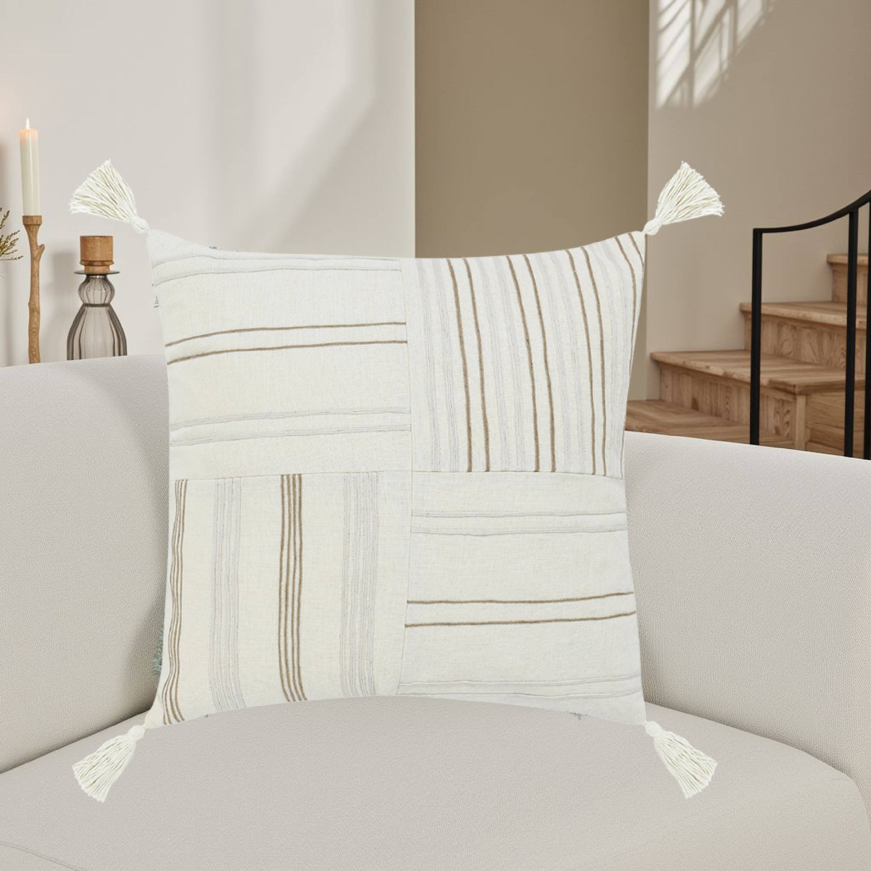 Alt View 2. Manhattan Lane - Pini Throw Pillow, Boho Design Stripe Pattern, 22 Inch  Linen - Beige.