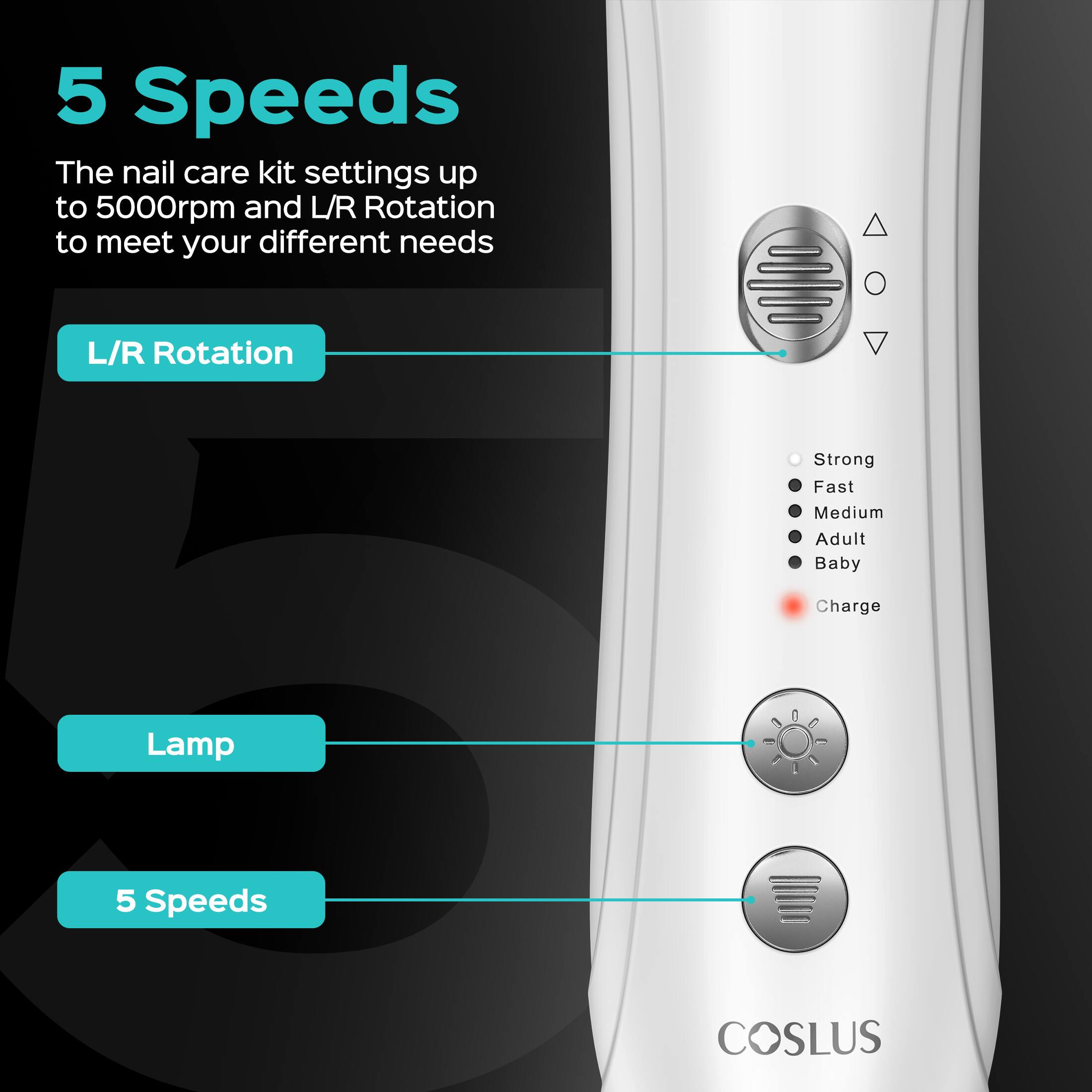 5 Speeds  
The nail care kit settings up to 5000rpm and L/R Rotation to meet your different needs  

L/R Rotation  
Strong Fast Medium Adult Baby  
Charge  

Lamp  

5 Speeds  

COSLUS