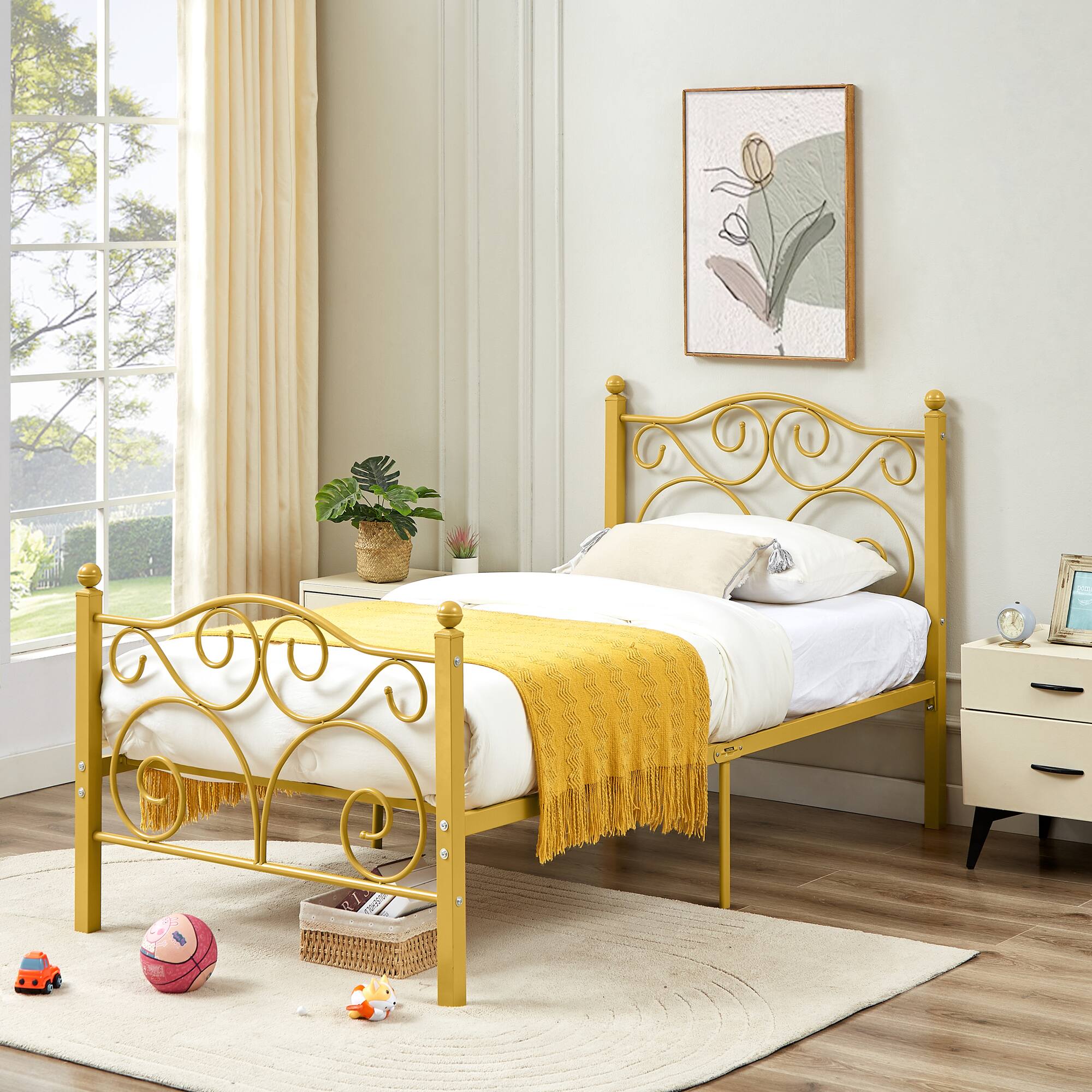 Alt View 1. Vecelo - Twin Bed Frame with Headboard & Footboard, Heavy Duty Steel Slats - No Box Spring, Easy Assembly, Gold - Gold.
