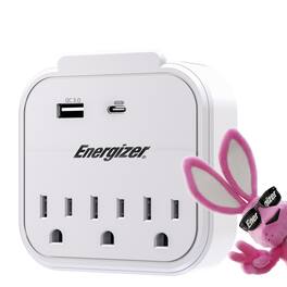 Energizer - 5 Device Grounded Wall Tap – 3 AC Outlets, 20W USB-C PD, 18W USB-A, Built-In Holder, Plug-In Adapter - White