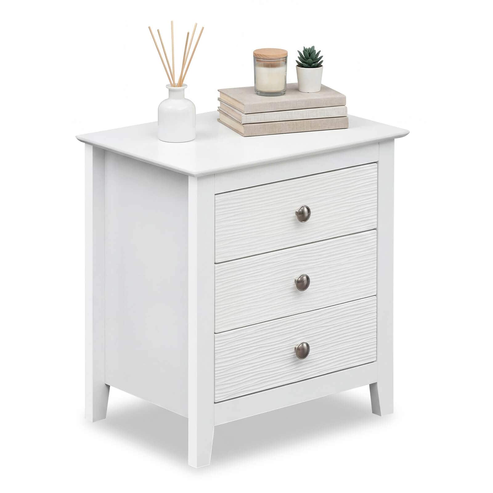 Costway - 1PCS Nightstand, Farmhouse 3-Drawer Night Stand with Wood Grain Accents & Sleek Knobs - White