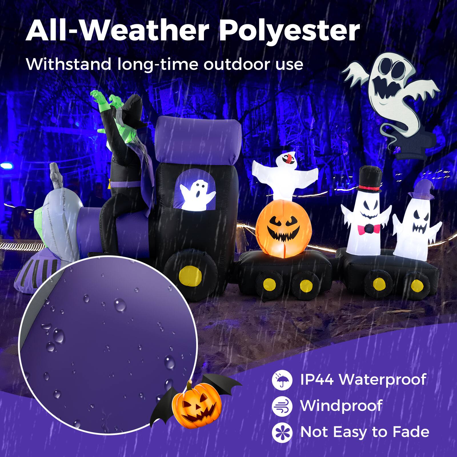 The text on the image reads: "All-Weather Polyester Withstand long-time outdoor use IP44 Waterproof Windproof Not Easy to Fade."