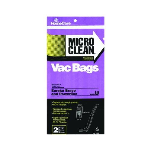 HomeCare MICRO CLEAN Vac Bags  
Eureka Bravo and Powerline Style U  
Captures microscopic particles. 99.7% Filtration  
Ramasse les particules microscopiques. Filtration de 99.7%  
Captura partículas microscópicas. 99.7% Filtración  
2 Bags / Bolsas / Sacs  
No. 245