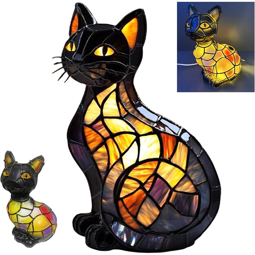 Front. Schertz - Retro Cat Resin Table Lamp – 3D LED Stained Glass Night Light.
