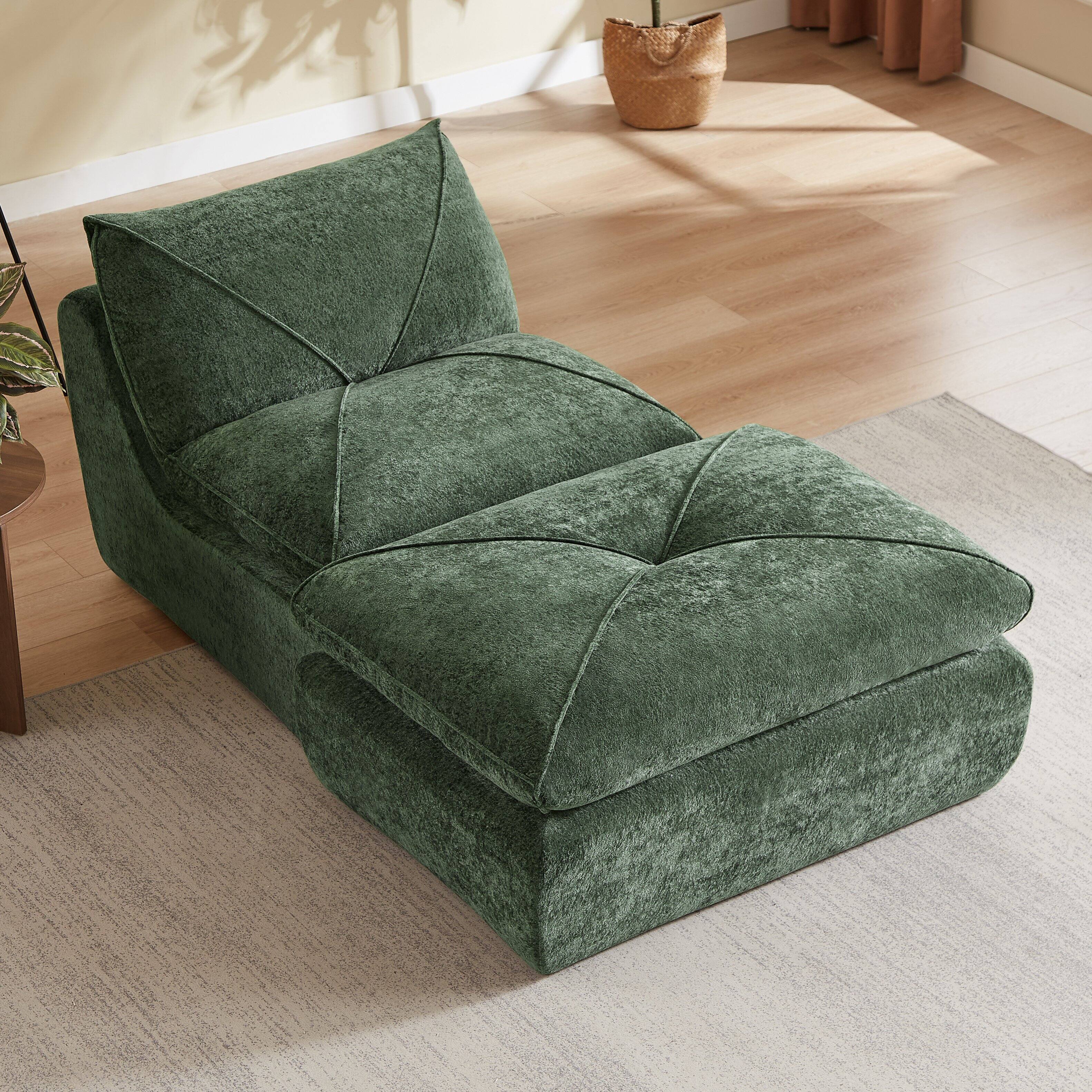 Back. Loheer - Loheer- Modern Minimalist Chenille Sectional Sofa Modular Couch with Ottoman Apartment 2.79x3.38 ft - Green.