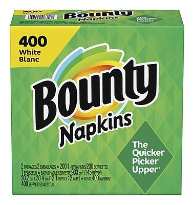 400 White Blanc Bounty Napkins  
The Quicker Picker Upper™  

2 PACKAGES / 2 EMBALLAGES  
200 1-Ply Napkins / 200 Serviettes 1-Paissière  
933 cm (145 in) x 30.7 cm (12 in)  
30.7 cm x 30.4 cm (12 in x 12 in)  
400 Napkins / 400 Serviettes au total