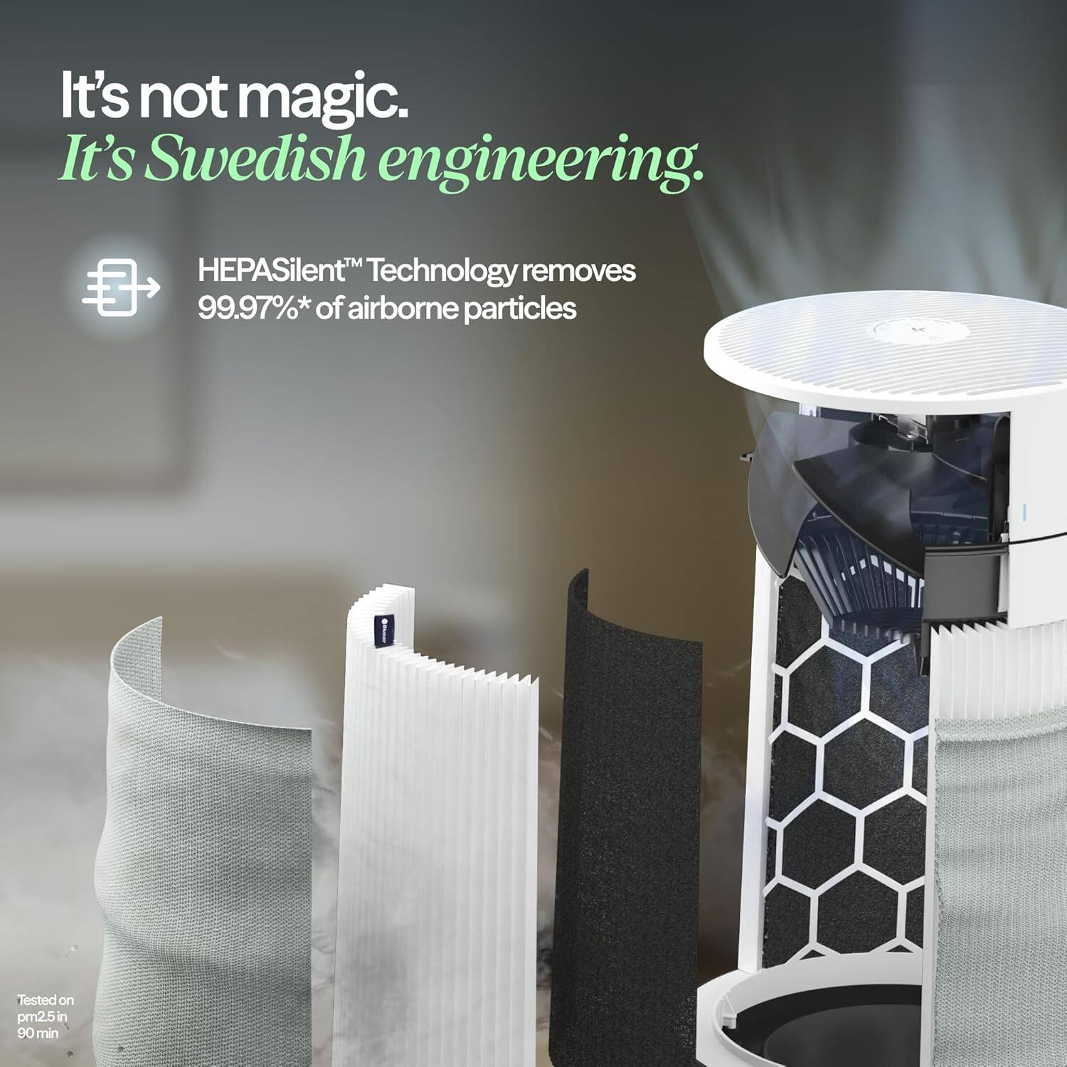 It's not magic. It's Swedish engineering.  
HEPASilent™ Technology removes 99.97%* of airborne particles.  
Tested on pm2.5 in 60 min