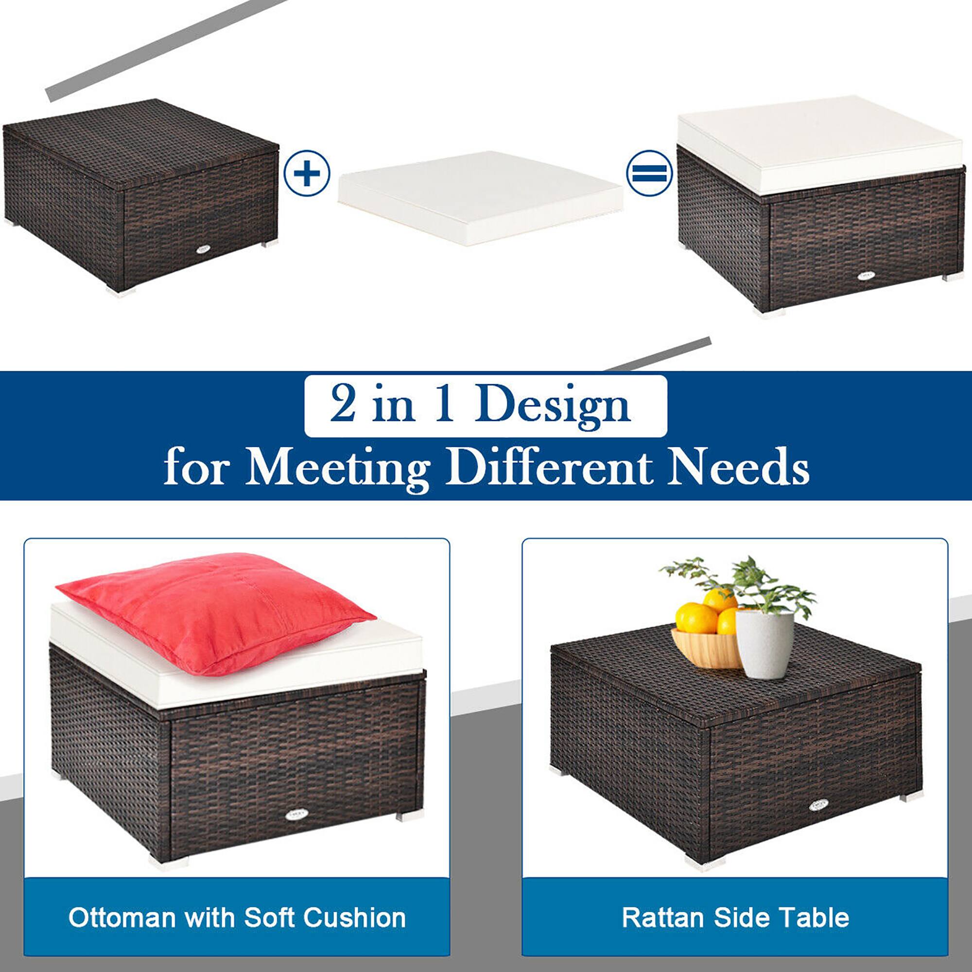 The text on the image reads: "2 in 1 Design for Meeting Different Needs Ottoman with Soft Cushion Rattan Side Table."