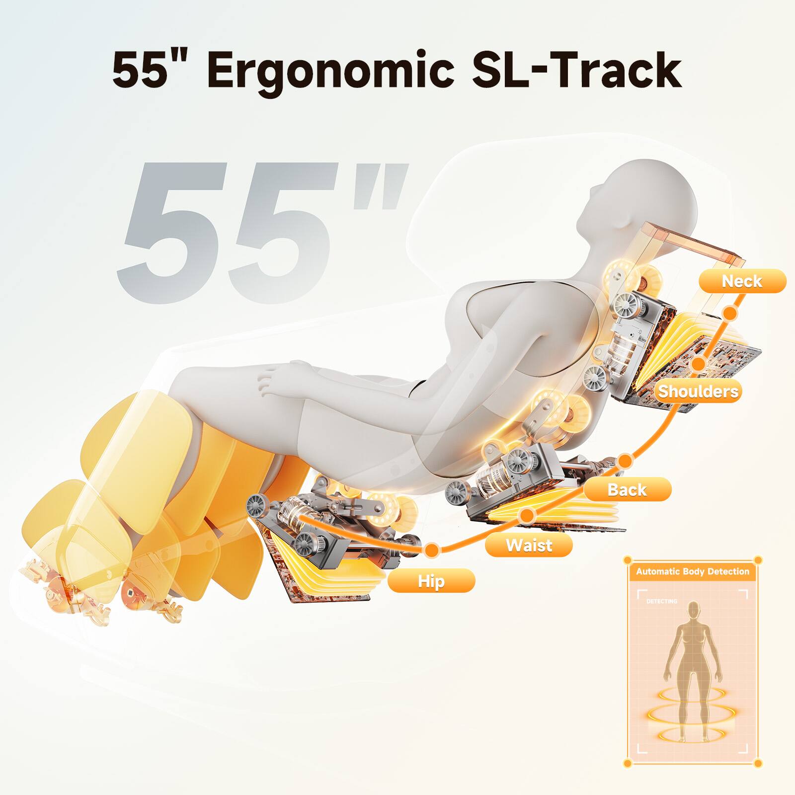 55" Ergonomic SL-Track

Neck
Shoulders
Back
Waist
Hip

Automatic Body Detection