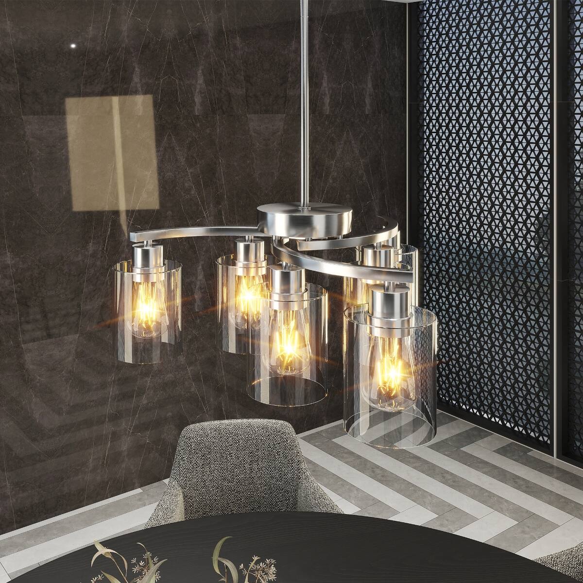 Alt View 2. Loheer - Loheer 6 Light Chandelier, Brushed Nickel with Clear Glass Shades, Adjustable for Dining Rooms.