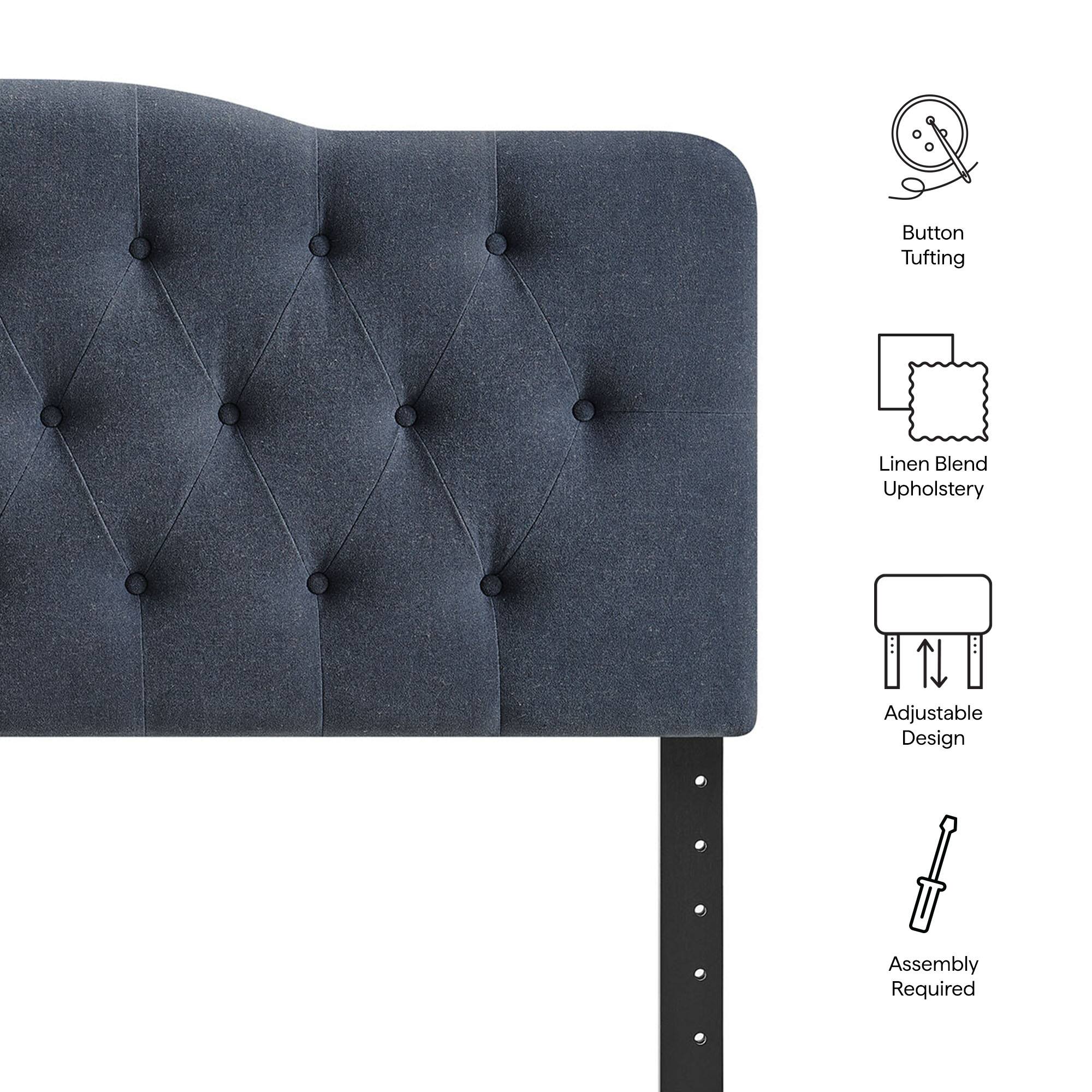 Button Tufting  
Linen Blend Upholstery  
Adjustable Design  
Assembly Required