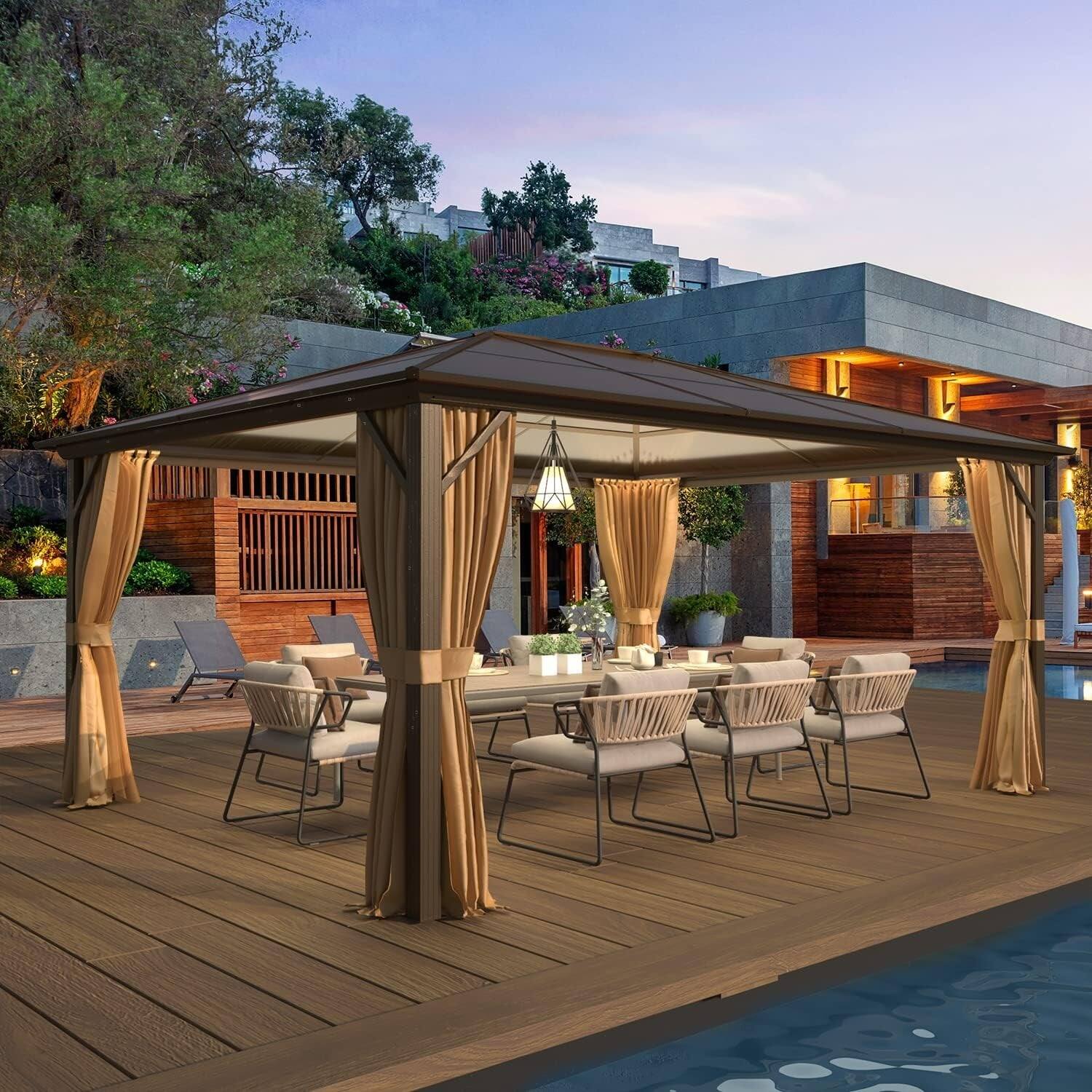 Angle. U-HOMY - Aluminum Hardtop Pergola Gazebo with Netting & Curtains for Patio and Backyard - 12'x16'.