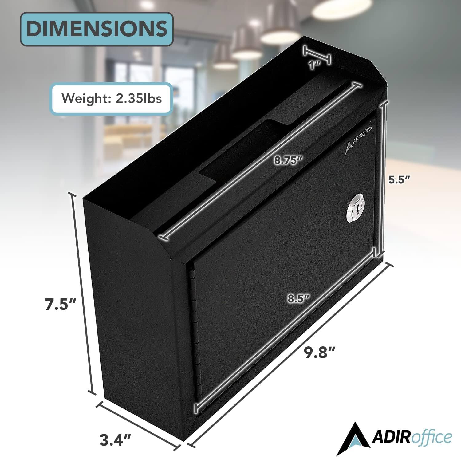 DIMENSIONS, Weight: 2.35lbs, 8.75, 5.5", 7.5", 8.5", 9.8", 3.4", ADIR, ADIRoffice