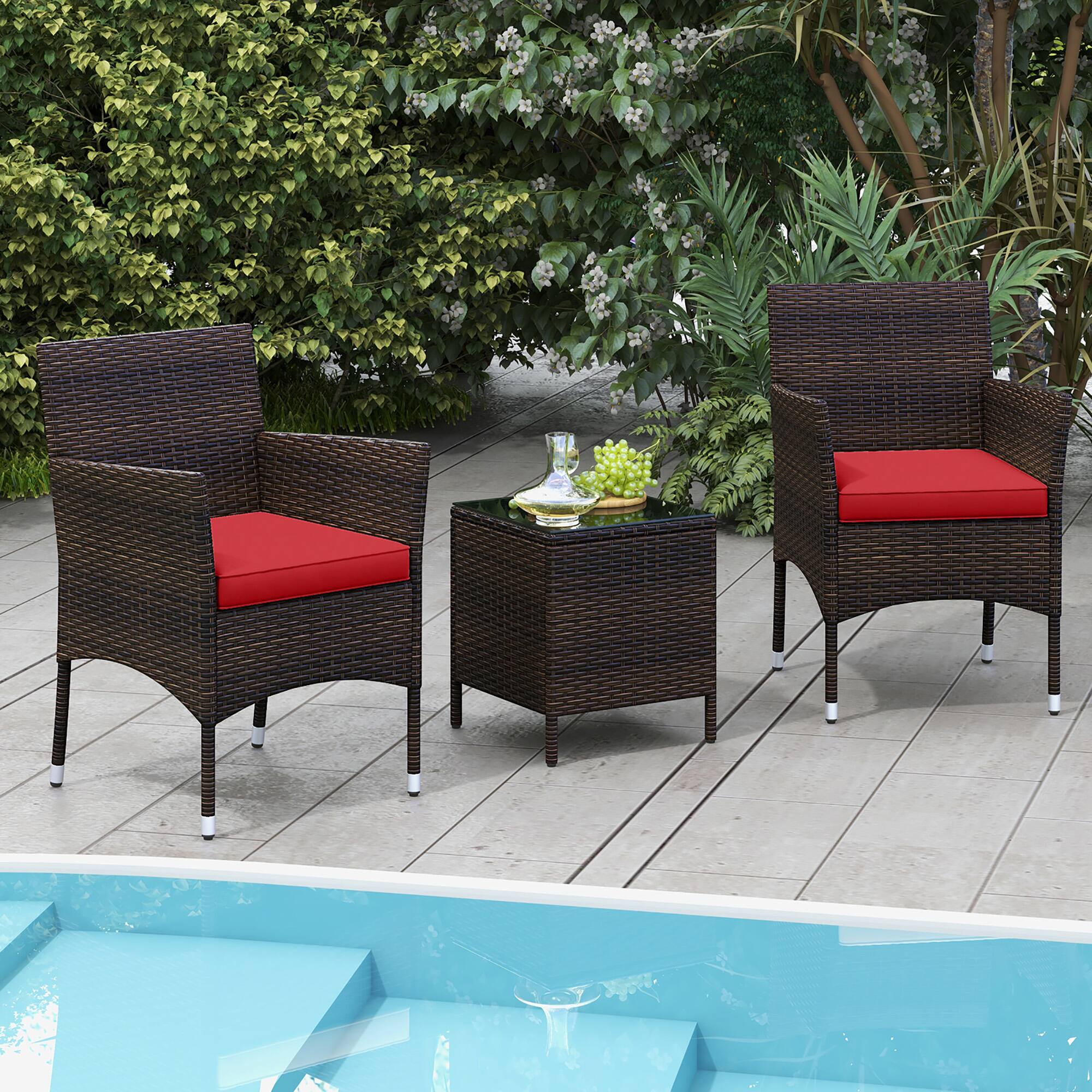 Alt View 3. Gymax - Gymax 3 PCS Outdoor Conversation Set w/ Cushioned Seat & Tempered Glass Tabletop Red - Red.