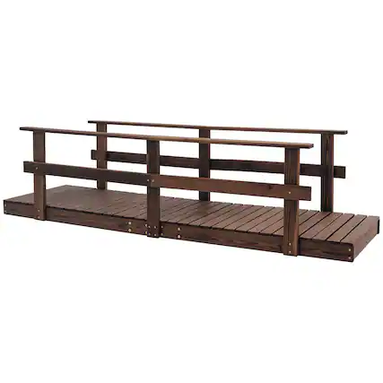 Front. Outsunny - Garden Bridge Wooden Footbridge for Backyard Ponds, Creeks, Streams - Carbonized Brown.